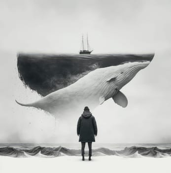 Winter sea concept: whale, ship and man. Generative AI design