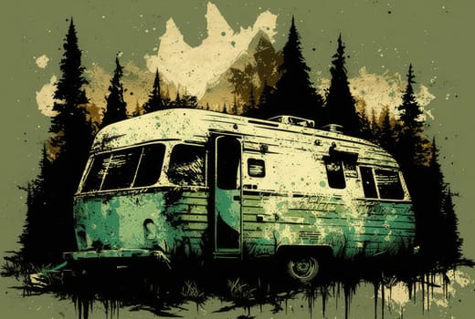 Old grunge design of camping van in the forest. Generative AI design