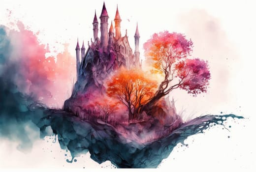 Colorful watercolor castle on the island. Generative AI drawing