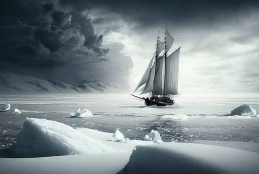 Sailboat in the winter snowy sea. Generative AI design