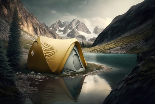 Mountain landscape with camp tent. Generative AI design
