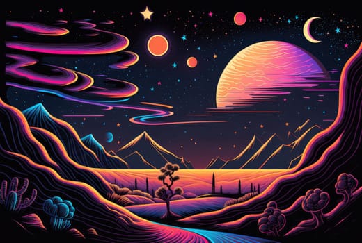 Retro neon landscape. Generative AI illustration