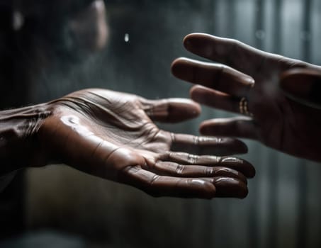Two hands reach out to each other. Hands in motion towards on a black background. copyspace.