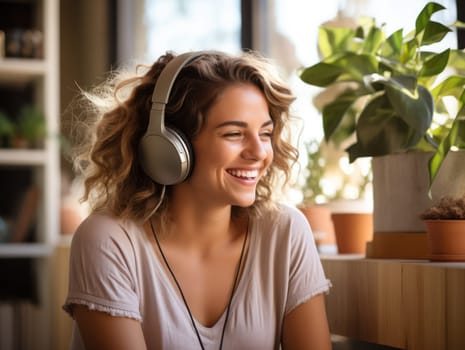 Happy young woman with headphones listening to music, lifestyle concept.