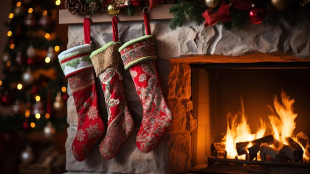 Fireplace with Christmas stockings in a festive room interior.