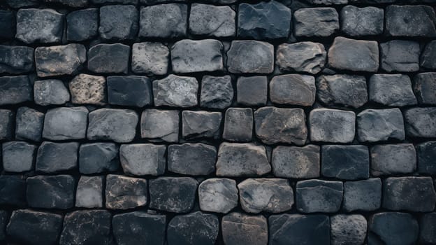 masonry of rough gray stones of various shapes and shades on the pavement. Beautiful background and surface texture of stone road