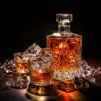 Faceted crystal glass of whiskey with ice and a crystal bottle on a black background.