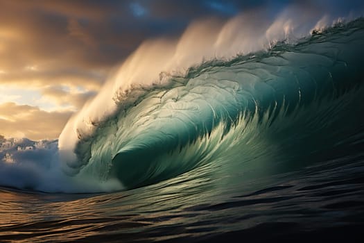 huge ocean wave in dynamic colors at sunset, showing the beauty and power of the ocean.