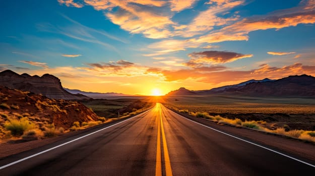 An empty open road stretching into the horizon, inviting to embrace wanderlust. Travel concept.AI generated