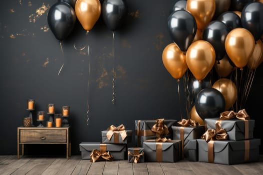 gold and black balloons with gift boxes tied with gold ribbons against a black wall. style black with gold. Happy New Year and Merry Christmas background .copy space