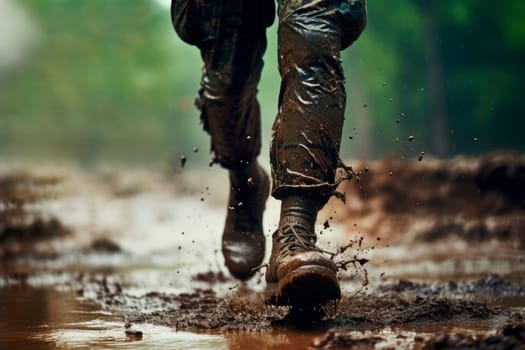 Close up legs of a soldier running on rainy muddy battlefield ground. Brown military boots on mud and puddle. AI generated