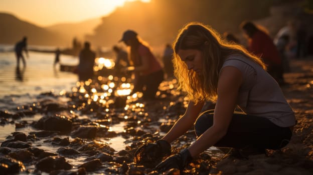 a group of people volunteers cleaning up garbage on the coast after a storm. environment, ecology and responsibility.