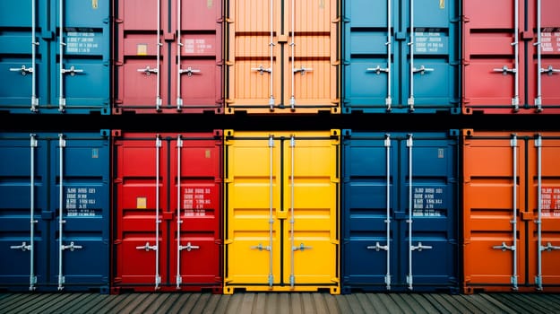 Colorful shipping containers lined up at a shipping port. Stacked color cargo containers. Industrial and transportation background.AI generated
