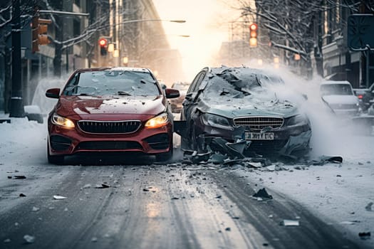 Collision of two cars on a street in winter. Symbolises the dangerous conditions in winter with ice, snow and snatch. Dangerous Winter Driving Hazards. AI generated