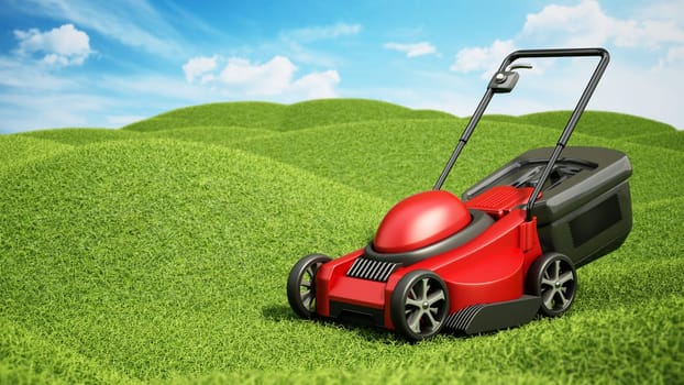 Generic lawnmover on green terrain covered with grass. 3D illustration.