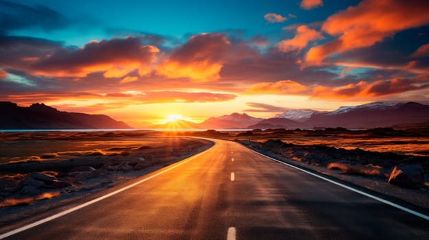 Asphalt road to mountain on sunset. Picturesque landscape scene.Road to sunset.AI generated