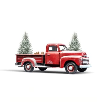Holiday Red Truck carries a Christmas tree and gifts .on a white background. illustration for postcard or children's book.