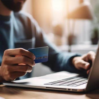 Close-up man holding plastic credit card mockup with number, paying online using laptop, shopping online, making secure online payments, order and purchase, e-commerce concept