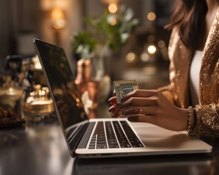 Close-up of a woman's hand holding a credit card and using a laptop against the backdrop of a Christmas tree.