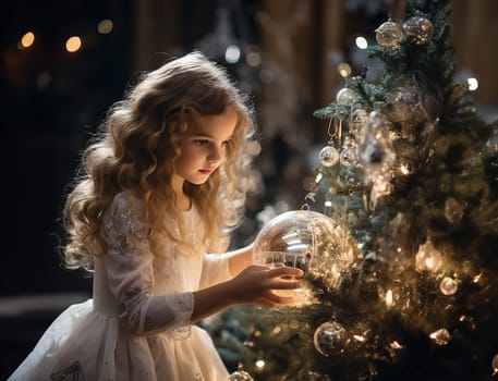 A little girl in a white dress decorates a large Christmas tree with crystal balls. Christmas picture