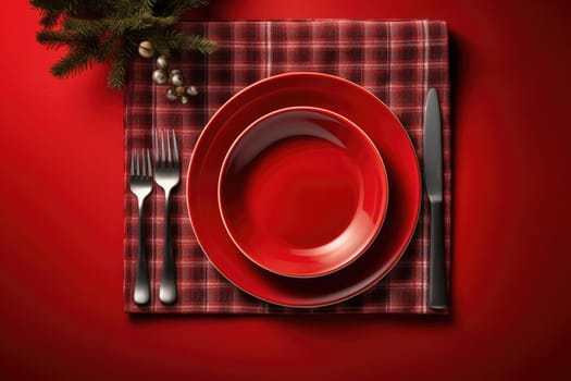 table setting on a festive New Year's table in red colors. flat lay.
