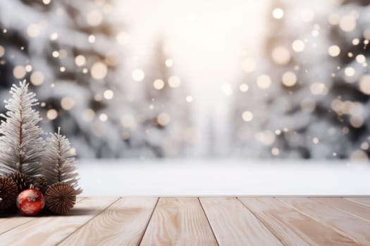 wooden table with Christmas decorations for product showcase on the background of a winter snowy forest. copy space