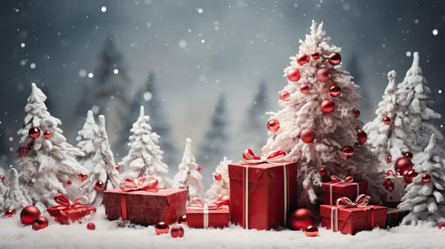 Gorgeous elegant white Christmas trees with gifts in red and silver on a panoramic snowy background in a foggy frosty haze