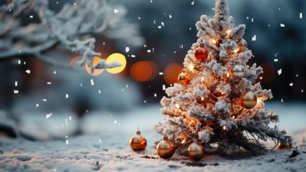 Christmas tree decorated with toys under the snow against the background of festive illumination, copy space. Christmas, snow, Christmas atmosphere.