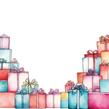 Cartoon pile of Christmas and birthday gifts in colorful gift boxes on a white background in watercolor style. Bright holiday boxes for gifts or congratulations.copy space. free space for text