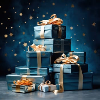 blue Christmas gift boxes with ribbon with Christmas balls on blurred background of Christmas illumination.