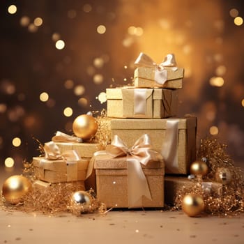 golden Christmas gift boxes with Christmas balls on blurred background of Christmas illumination