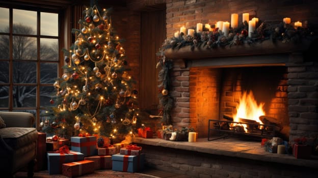 Christmas tree lit by lights near the fireplace with hanging stockings and outside the window at night. High quality photo