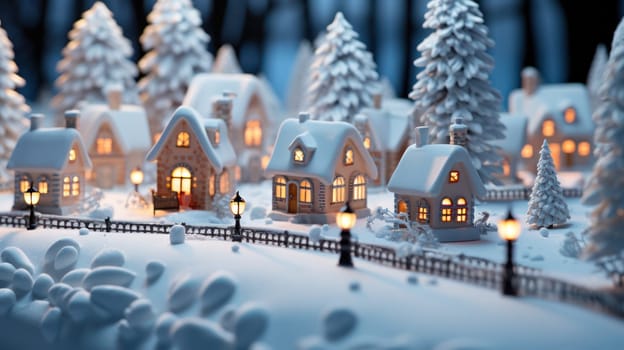 Christmas ceramic village with illuminated windows and snow on the background of illuminations and at night. Christmas design for home decoration