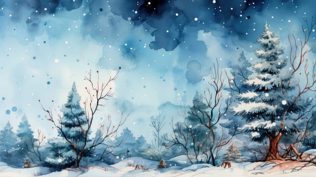 snow-covered spruce trees on a clearing in the snow in a watercolor style. Winter night landscape.