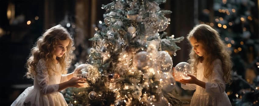 Little girls in white dresses decorate a large Christmas tree with crystal balls. Christmas picture