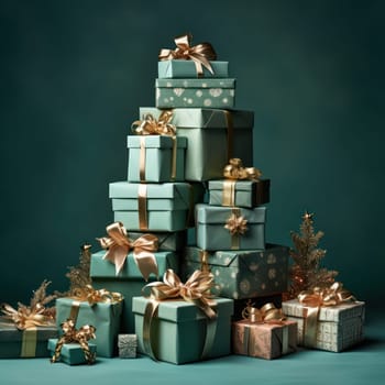 Christmas gift boxes mint color with ribbon on dark background.