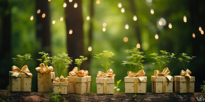 many beautiful gift boxes tied with ribbons and decorated with greenery stand in the forest. Design elements for a celebration, important event, wedding or Christmas.