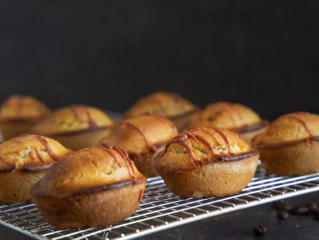 Pasticciotto leccese pastry filled with egg custard cream and sour cherry jam, on a cooling backing rack on a dark table, copy space, close up. Typical apulian breakfast