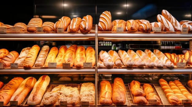 Breads on supermarket shelves, different types of bread loaves. A variety of fresh bread on display on grocery store bakery shelves. Bakery with different kinds of bread, cakes and buns. AI generated