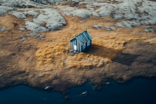 Aerial top view of small wooden cabin or hut in a wild nature. AI generated
