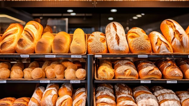 Breads on supermarket shelves, different types of bread loaves. A variety of fresh bread on display on grocery store bakery shelves. Bakery with different kinds of bread, cakes and buns. AI generated
