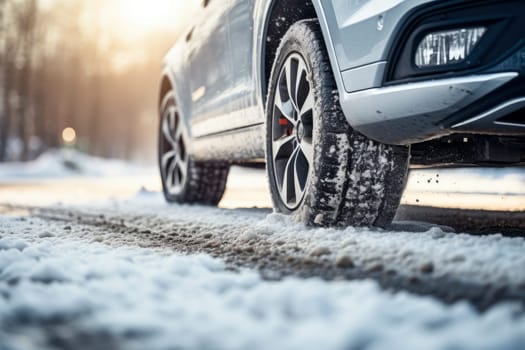 Closeup of car driving on the road covered with snow. Detail of car tires in winter. AI generated