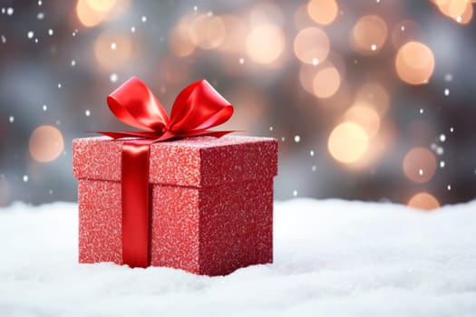 Red gift box on snow background,Christmas and New Year celebration. The concept of the delivery of gifts and greetings card happy New year. AI generated