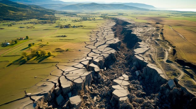 Aerial view of earthquake dividing land in two parts. Earthquake crack earth fault from seismic plate movement on a deserted area. Tectonic plate huge crack. AI generated