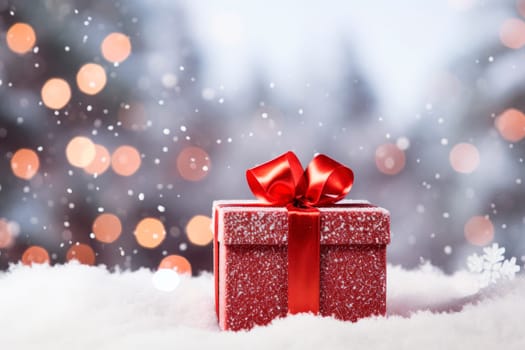 Red gift box on snow background,Christmas and New Year celebration. The concept of the delivery of gifts and greetings card happy New year. AI generated