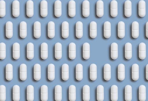 White pills on light blue top view, creative pattern with one empty place. Curative medicine and healthcare, taking dietary supplements and vitamins. Pharmaceutical pills