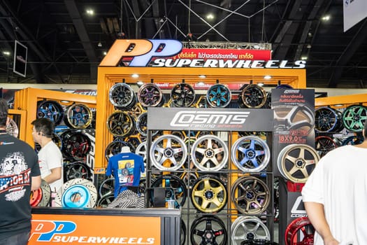 Nonthaburi, Thailand - APR 2, 2023 Car alloy wheels at The 44th Bangkok international motor show 2023 at IMPACT Arena, Muang Thong Thani, Nonthaburi, Thailand.