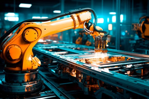 Yellow robotic arm on production line, modern industrial technology. Automation industry concept. AI generated