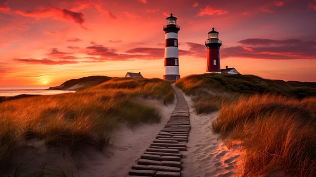 Extremely beautiful natural landscape with pathway leading through the dunes towards two lighthouses. Two lighthouses on a sand dunes in evening sunlight. AI generated