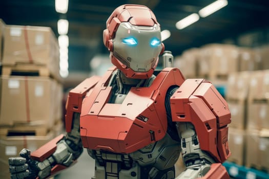 Robot working inside warehouse full of cardboard boxes. Concept of artificial intelligence for industrial revolution and automation manufacturing process. AI generated